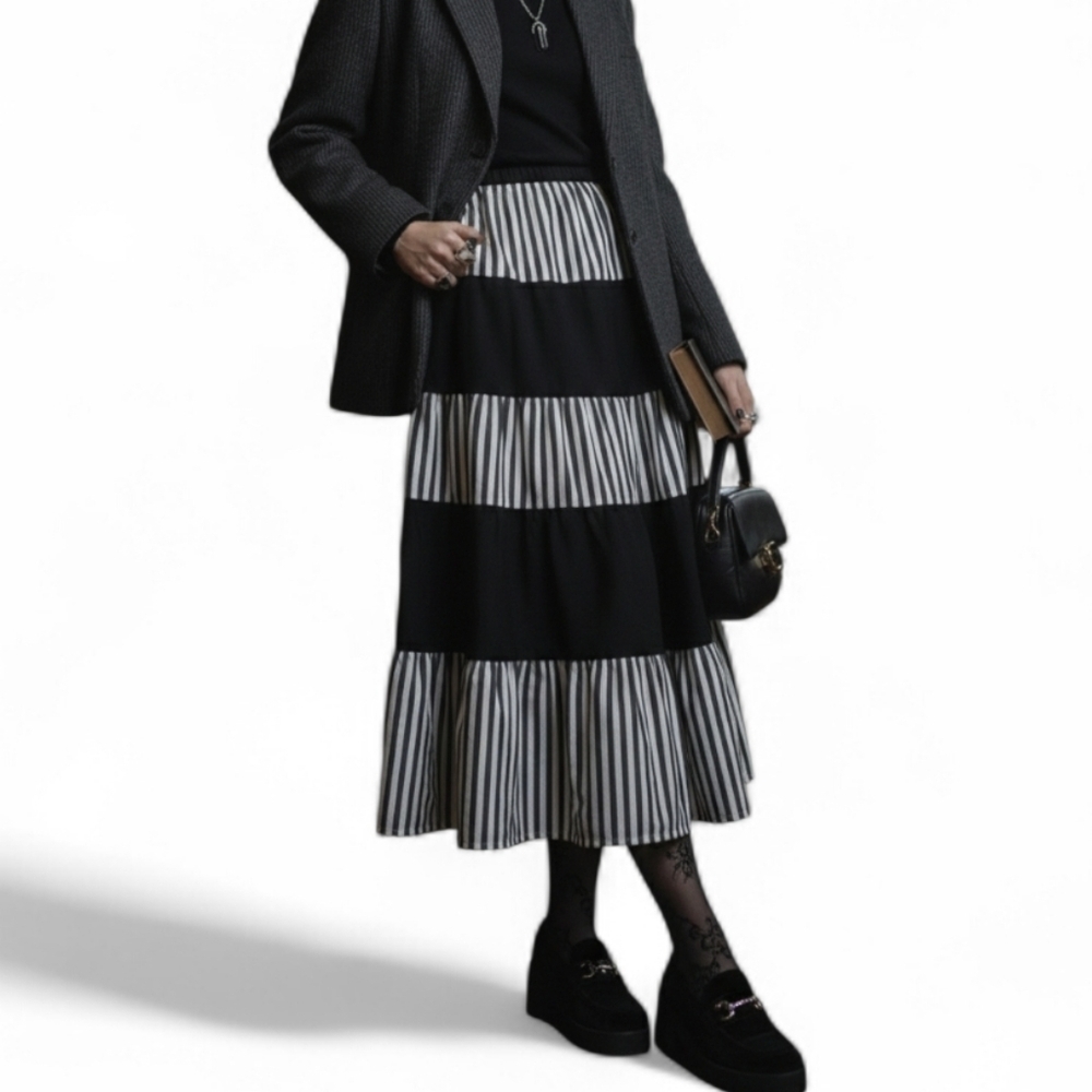Vintage Pinstripe Tiered Midi Skirt Black White Striped Size